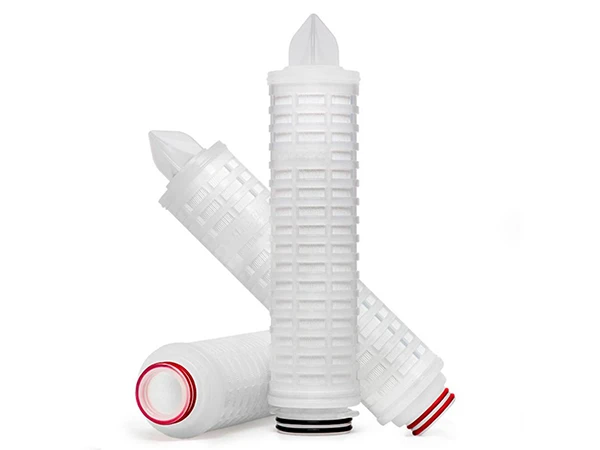 Three PES pleated filter cartridges with shadow on a white background