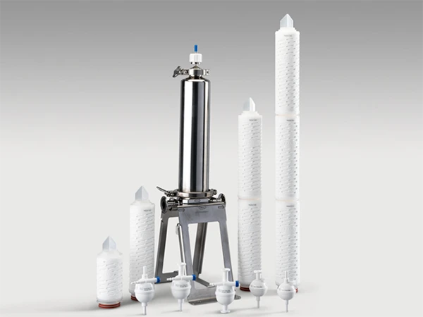 Pleated filter cartridge and capsule filter cartridge on a blue background