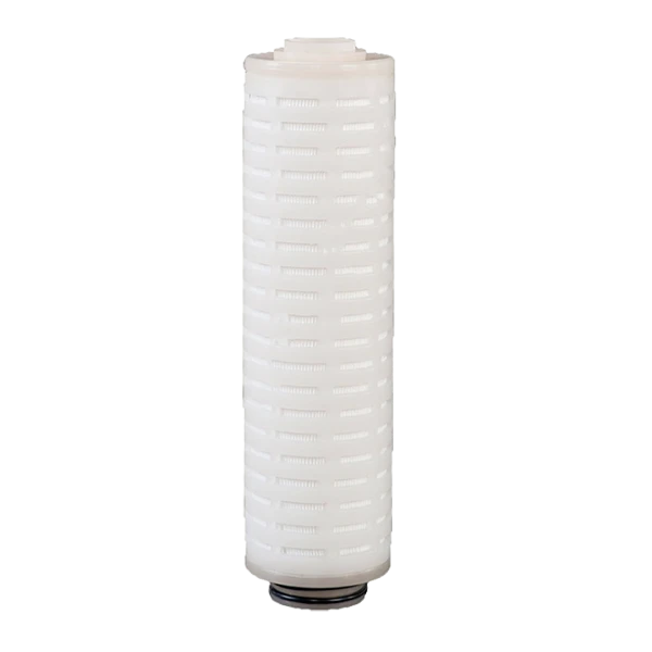 A white PVDF pleated filter cartridge
