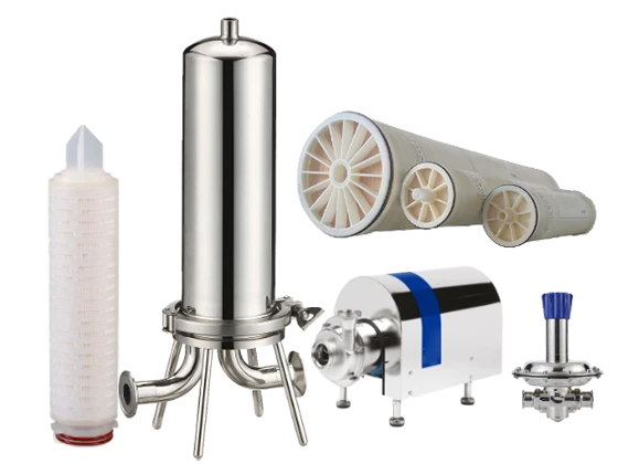 Pleated filter cartridge, stainless steel filter housings, sanitary pumps, and valves, etc.