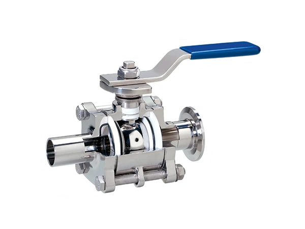 Three-piece sanitary ball valve on a white background